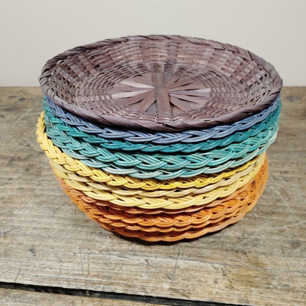 Vintage Wicker Straw 9" Paper Plate Holders Set of 12 Multicolor